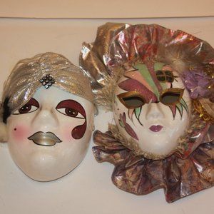 Mardi Gras Porcelain Ceramic Painted Wall Hanging Face Mask Ruffle LOT OF 2 Vtg
